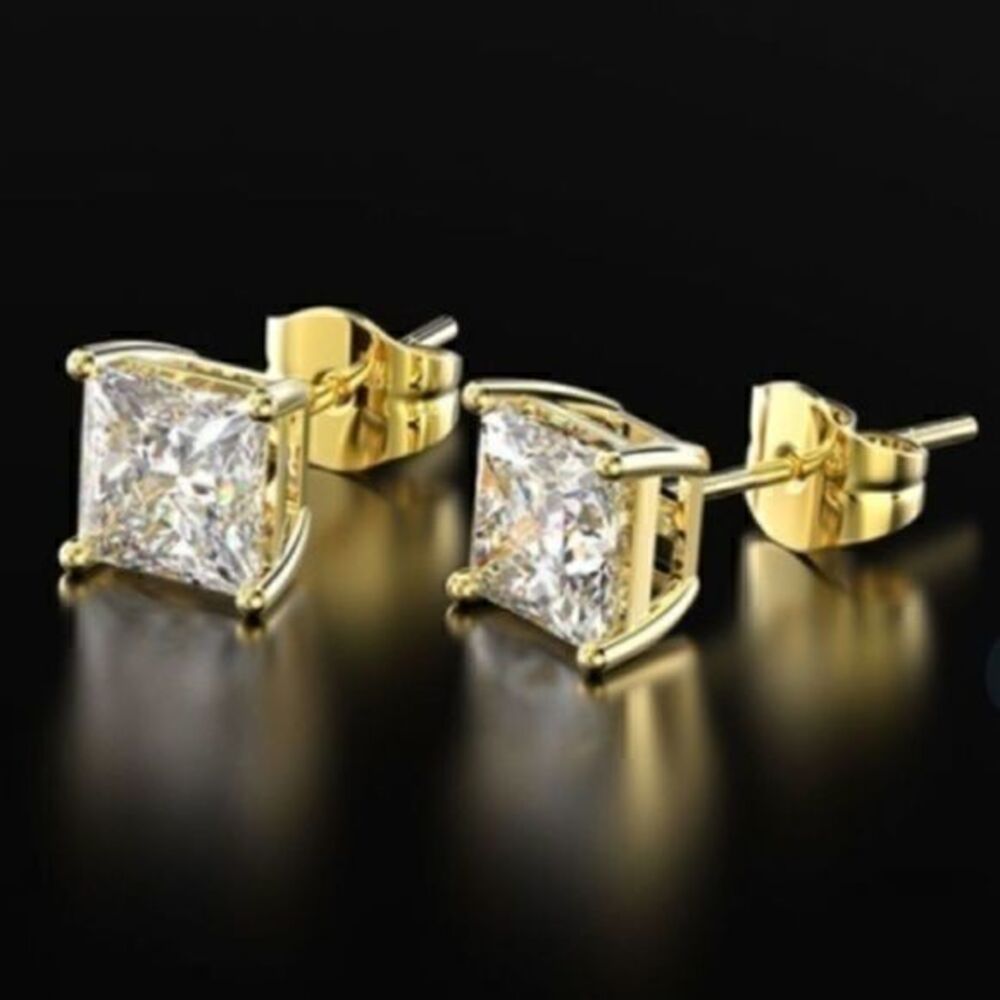 Renaissance 14k Yellow Gold Princess Cut CZ Stud Earrings Lab Created Diamond